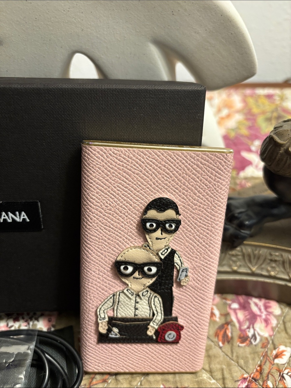 Dolce & Gabbana Blush Pink Leather Card Case with Character Patch. NIB